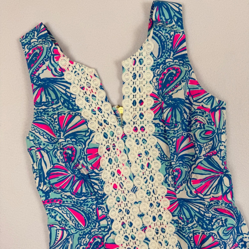 Lilly Pulitzer 20th Anniversary Shift Dress Blue Pink Shell Lace Trim Size 4